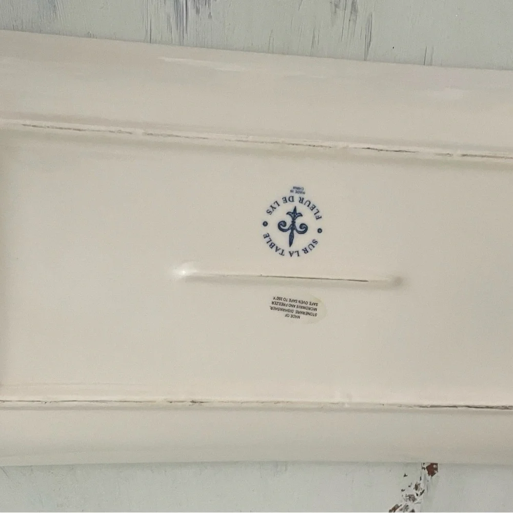 Sur La Table Fleur de Lis Blue and White Ceramic platter 14”x8”